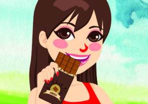 Illustration of a smiling woman with long brown hair and a red dress, holding a chocolate bar against a green watercolor background, embodying the theme of Wise Consumption.