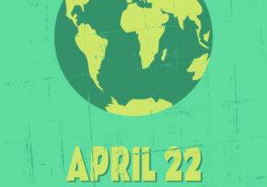 Graphic for Earth Day featuring a yellow world map on a green background with the text "April 22 Earth Day: Conservation Efforts" below it.