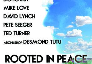 Movie poster for "Rooted in Peace" featuring endorsements and names like Deepak Chopra and David Lynch, with a serene image of a tree under a cloudy sky.