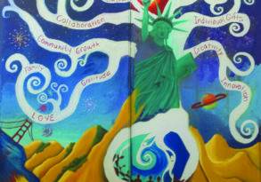 Colorful mural featuring the Statue of Liberty and diverse motifs symbolizing concepts like creativity, love, and community growth. Elements include a bridge, stars, and vibrant landscapes, celebrating "What Makes America Great