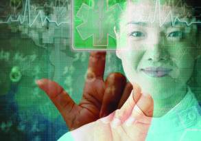 A female doctor interacts with a virtual medical interface displaying a green cross symbol, set against a backdrop of digital graphics and future healthcare trends.