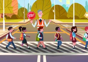 Colorful illustration of a small but steadfast group of children using a crosswalk on a sunny day, with autumn trees and a "stop" sign in the background.