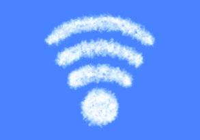 A cloud-shaped 5G wi-fi symbol against a bright blue background.