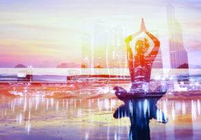 A person practices yoga on a beach at sunset, overlaid with a transparent futuristic cityscape, highlighting the serene blend of nature and technology.