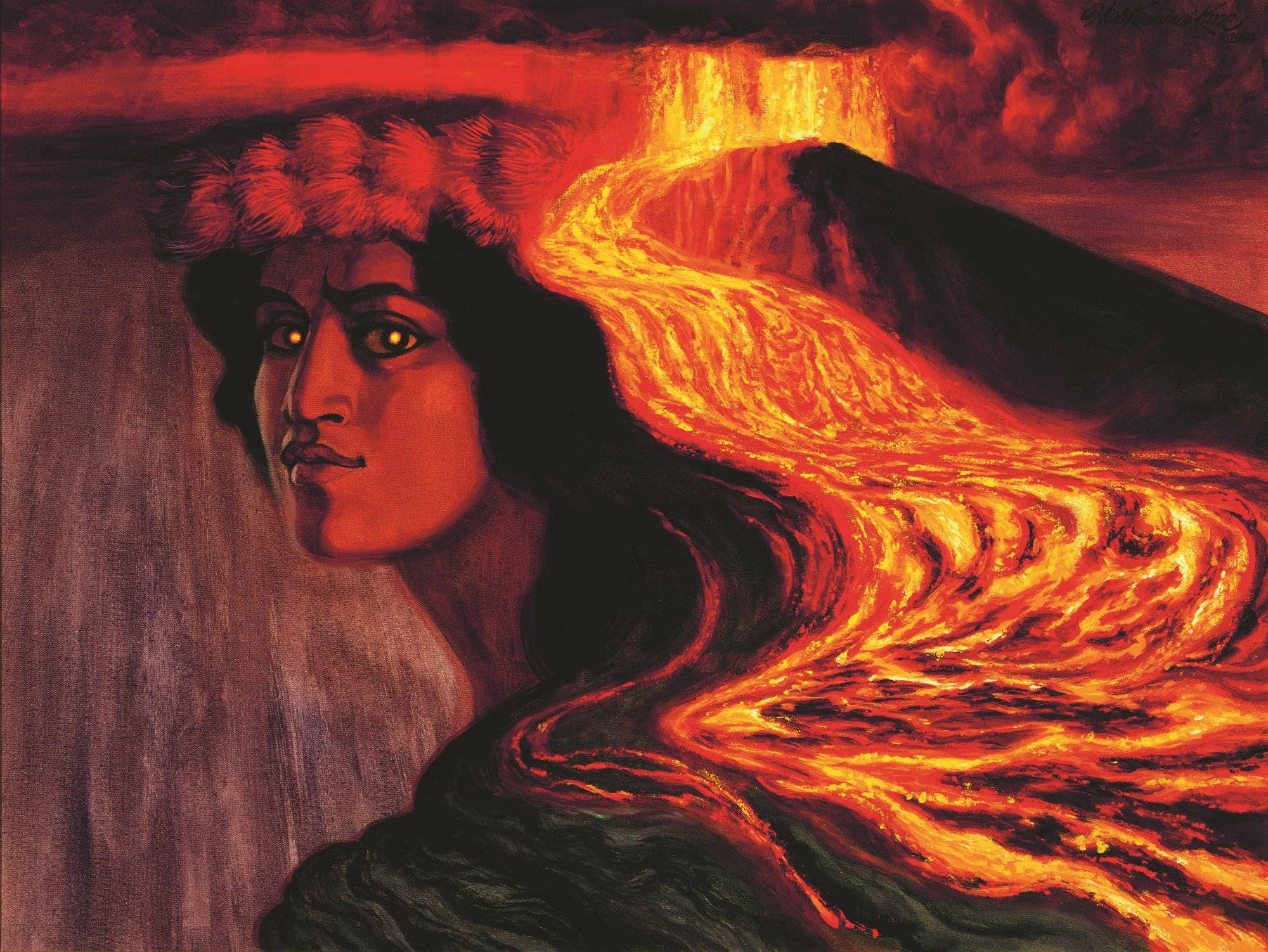 A painting depicting a woman with dark eyes and flowing hair resembling lava, her aura embodying the heart of the goddess, cascading from a fiery volcano in the background.