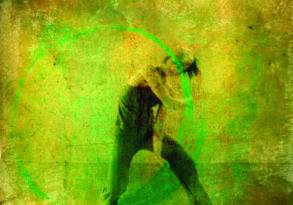 Silhouette of a dancer in a dynamic pose, overlayed with a textured green and yellow abstract background and a circular graphic.