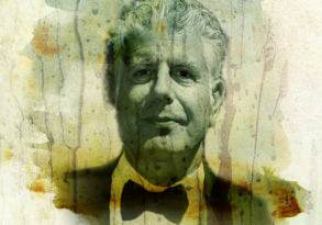 Artistic depiction of an elderly man with gray hair and a bow tie, superimposed on an aged, textured background with abstract stains, resembling Anthony Bourdain.