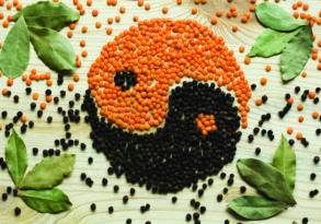 Yin-yang symbol made with orange and black lentils on a wooden surface, representing a journey, decorated with bay leaves and black peppercorns.