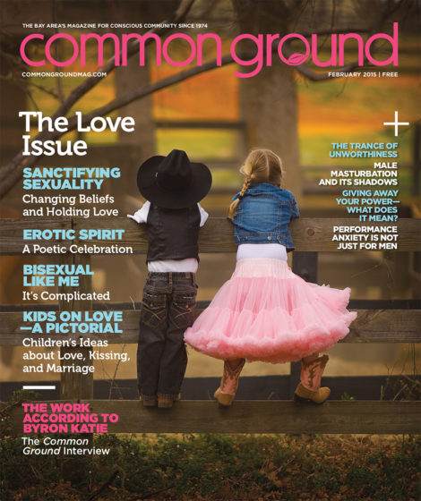 A young girl in a pink tutu and a boy in a cowboy hat sitting on a fence, looking at sunset, on the cover of "Common Ground" magazine, February 2015 issue.