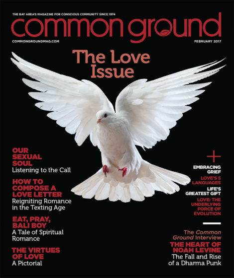 A white dove in flight, centered on the cover of Common Ground magazine's February 2017 issue, titled "The Love Issue," with various article headlines around the edges.