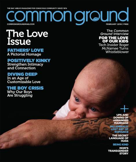 Cover of "Common Ground" magazine, February 2018 issue, featuring a baby peeking over a person's tattooed arm with various article titles displayed.