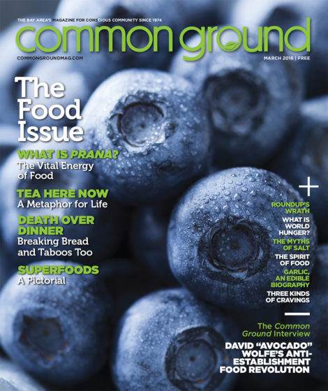 Cover of "Common Ground" magazine, March 2016 issue, featuring a close-up image of dewy blueberries with headlines about food, life, and spirituality.