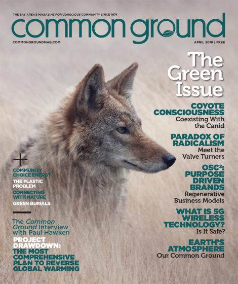 April 2018 issue of Common Ground magazine featuring a coyote on the cover, with text about environmental and technology topics.