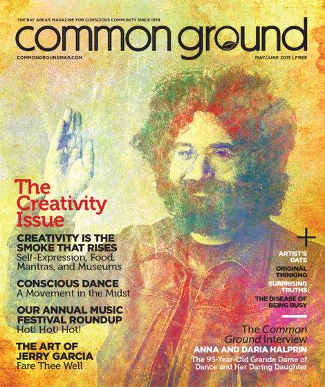 Cover of "Common Ground" magazine, May/June 2015 issue, featuring a colorful portrait of Jerry Garcia with text about the creativity issue's contents.