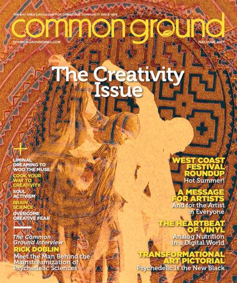 Magazine cover titled "Common Ground" for May/June, themed "The Creativity Issue," features abstract art and silhouettes of people dancing, with text highlighting various creative topics. However,