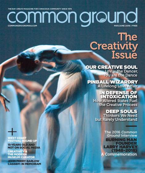 Magazine cover titled "common ground May / June 2018" featuring a dancer in mid-performance, with various overlayed text about creativity and articles included in the issue.