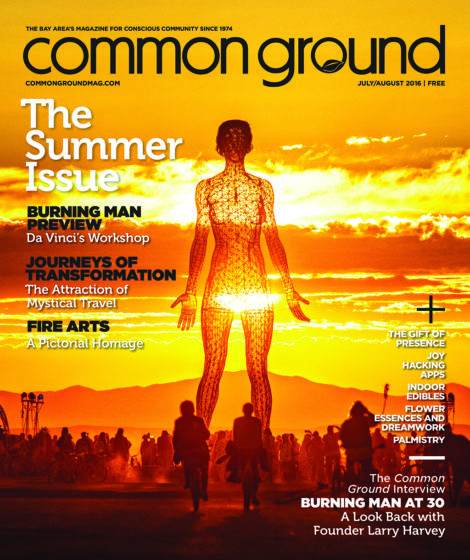 Cover of Common Ground magazine, August 2016 issue, featuring a silhouette of a large statue at sunset with text about the Burning Man event and other articles.