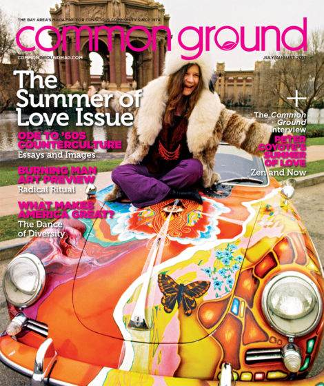 A woman in a fur coat sits on a colorfully painted car in front of a grand building, featured on the cover of Common Ground magazine's July/August 2017 issue.