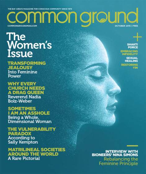 Cover of "common magazine," October 2015 issue, featuring a profile of a woman with text overlay about feminism and societal topics.