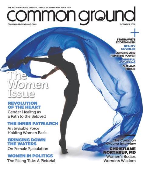 October 2016 cover of Common Ground magazine featuring an artistic depiction of a flowing blue fabric, with text highlighting themes like revolution and women's empowerment.