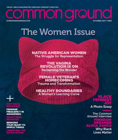 Cover of "Common Ground" magazine, October 2017 issue, titled "The Women Issue," featuring various headlines about female empowerment and social issues on a textured red background.