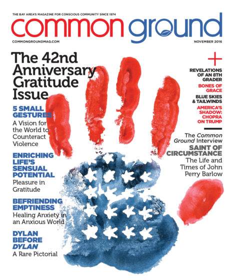 Magazine cover for "common ground" November 2016 edition, featuring abstract red and blue paint smears and various headlines including a feature on Bob Dylan.