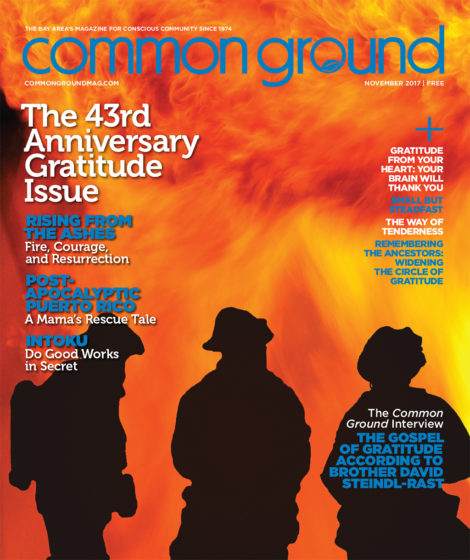 Magazine cover for "Common Ground," November 2017 issue, features a fiery explosion background with text detailing the featured topics including post-apocalyptic Puerto Rico and a gospel review.