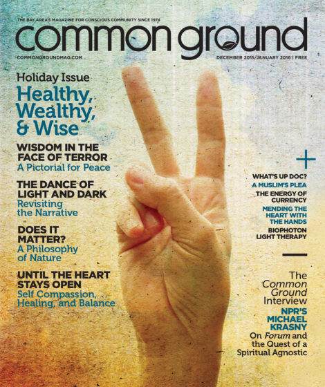 A magazine cover titled "Common Ground" for December 2015/January 2016 featuring a hand displaying a peace sign with various article headlines overlaying an earthy background.