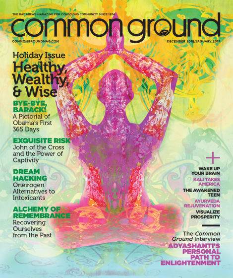 Magazine cover titled "Common Ground" for January 2017 featuring a vivid image of a person in a yoga pose with vibrant, multicolored background.