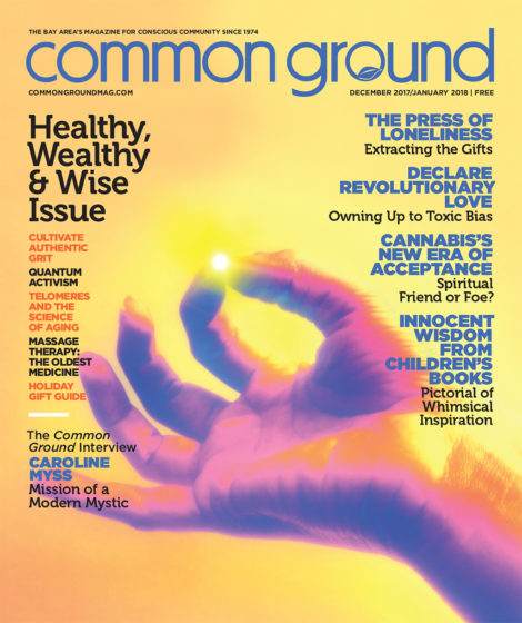 Cover of Common Ground magazine featuring a vivid orange background with text detailing various topics like health, culture, and cannabis activism, dated December 2017/January 2018.