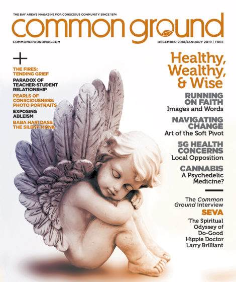 Magazine cover "Common Ground December 2018/January 2019" featuring an angel statue reading a book amidst articles on health, 5G, and cannabis.