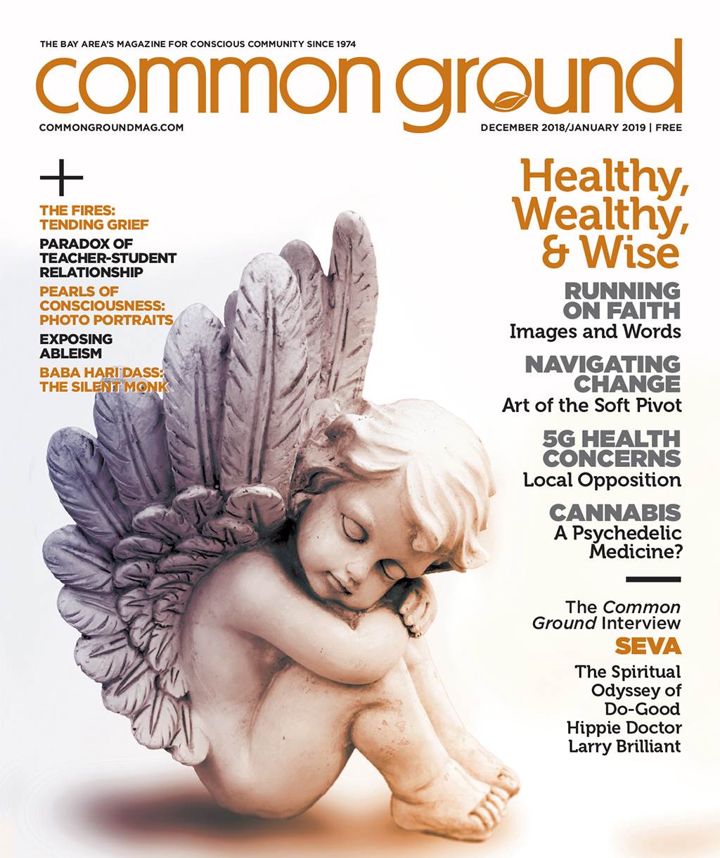 Magazine cover "Common Ground December 2018/January 2019" featuring an angel statue reading a book amidst articles on health, 5G, and cannabis.