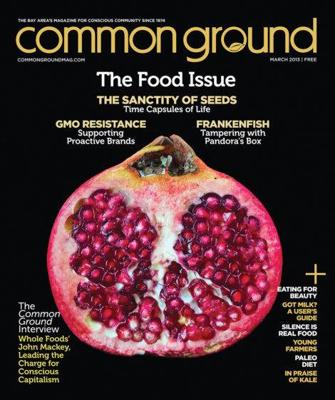 Cover of "common ground" magazine, March 2013 issue, featuring a close-up image of a pomegranate cut in half, with articles highlighted on food issues and health.