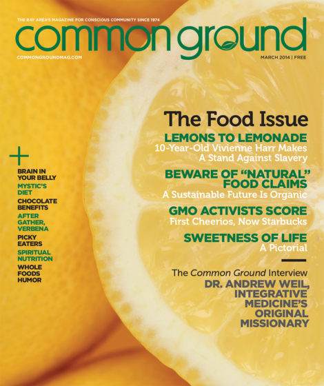 Cover of "common ground" magazine, March 2014 issue, featuring a close-up image of a lemon slice with headlines about food activism and organic sustainability.