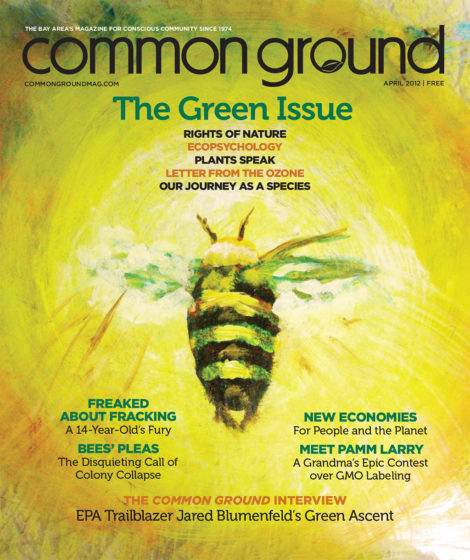 April 2012 cover of "common ground" magazine, featuring a stylized bee graphic with text about the ecology issue, including topics on nature, eco-psychology, and relevant articles.