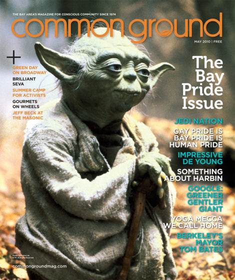 Cover of "common ground" magazine May 2010 issue featuring a statue of yoda, with headlines about jedi pride, gay pride, and other topics.