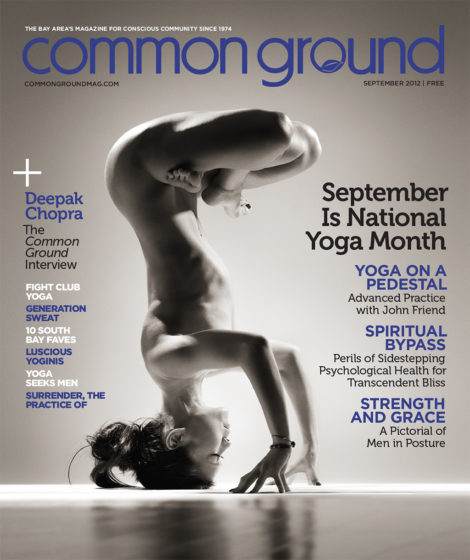 Magazine cover titled "common ground," featuring a person in a yoga pose arching backwards on a pedestal, with content headlines about yoga, health, and society flanking the sides. The issue is