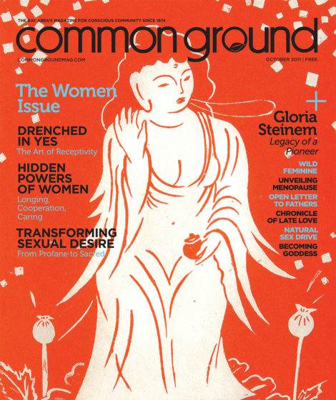 Magazine cover titled "common ground," featuring a red and white illustration of a serene, seated woman, from the October 2011 issue, with topics on women's issues and a mention of Gloria