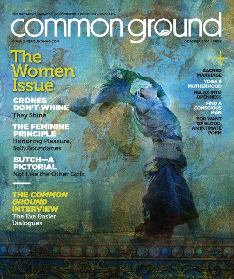 Cover of "common ground" magazine, October 2014 issue, featuring an abstract painting of a woman, with headlines about women's issues and personal growth.