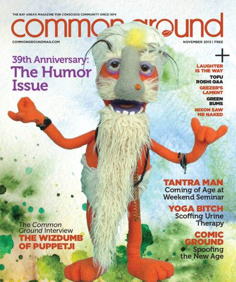 Magazine cover of "common" for November 2013, featuring a puppet character with orange hair, glasses, and a colorful kimono against a green splattered background and text about various articles.