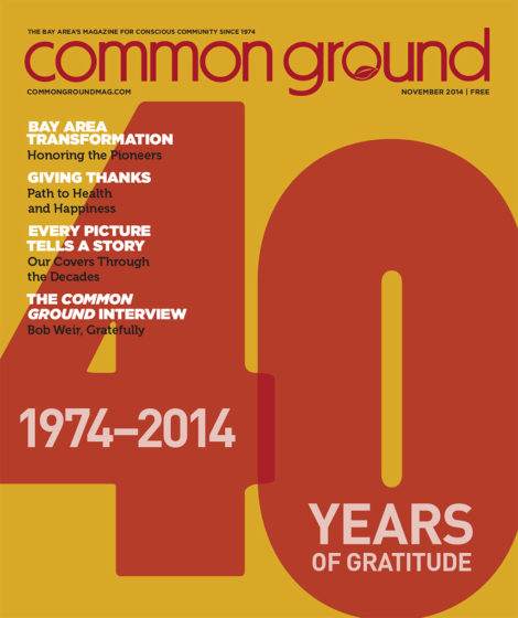 Cover of "Common Ground" magazine, November 2014 issue, featuring a bold red and yellow design with the text "40 Years of Gratitude" and highlights of featured articles.