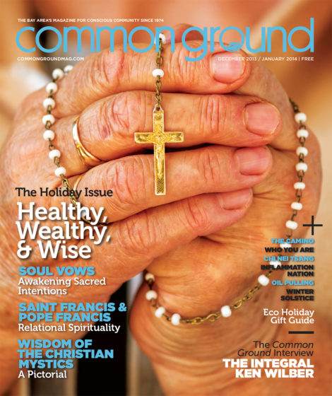 Close-up of elderly hands holding a rosary with a crucifix, overlaid with text about the magazine "common ground," featuring the December 2013/January 2014 issue.