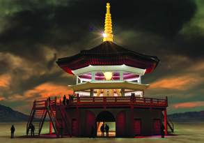 A vividly illuminated pagoda-like structure at Burning Man, with people gathered around, set against a dramatic sky and mountainous backdrop.