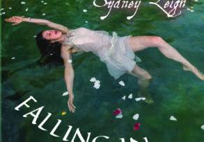 Sydney Leigh floating in water with scattered petals, her arms extended and eyes closed. The text reads "Sydney Leigh falling in.