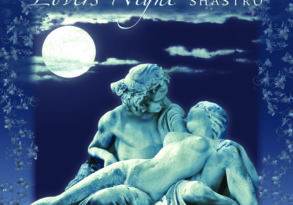 Sculpture of two nude figures embracing under a large moon, surrounded by a blue sky and floral accents, titled "romantic night shastro.