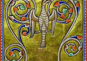 Illuminated manuscript page featuring an intricately designed phoenix surrounded by ornate, colorful acanthus leaf motifs on a gold background.