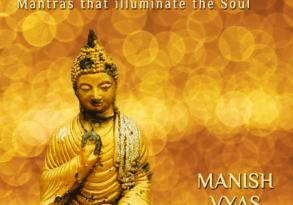 A golden buddha statue with a glowing bokeh background and text "Sahaj Atma - Mantras that Illuminate the Soul - by Manish Vyas.