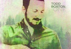 Album cover for "Todd Boston, One" features a watercolor-like portrayal of a bearded man playing guitar against a forest backdrop in soft green hues, optimized for SEO.