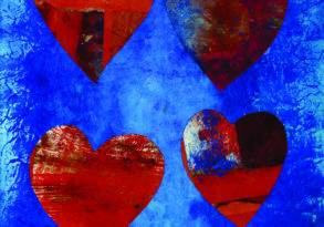 Four textured hearts symbolizing love, in shades of red and orange, are displayed against a vivid blue background with a rugged, painted texture.