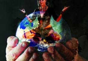 A digital collage of a woman balancing on a globe held in hands, with icons of technology and eco-friendly nature merging around her.